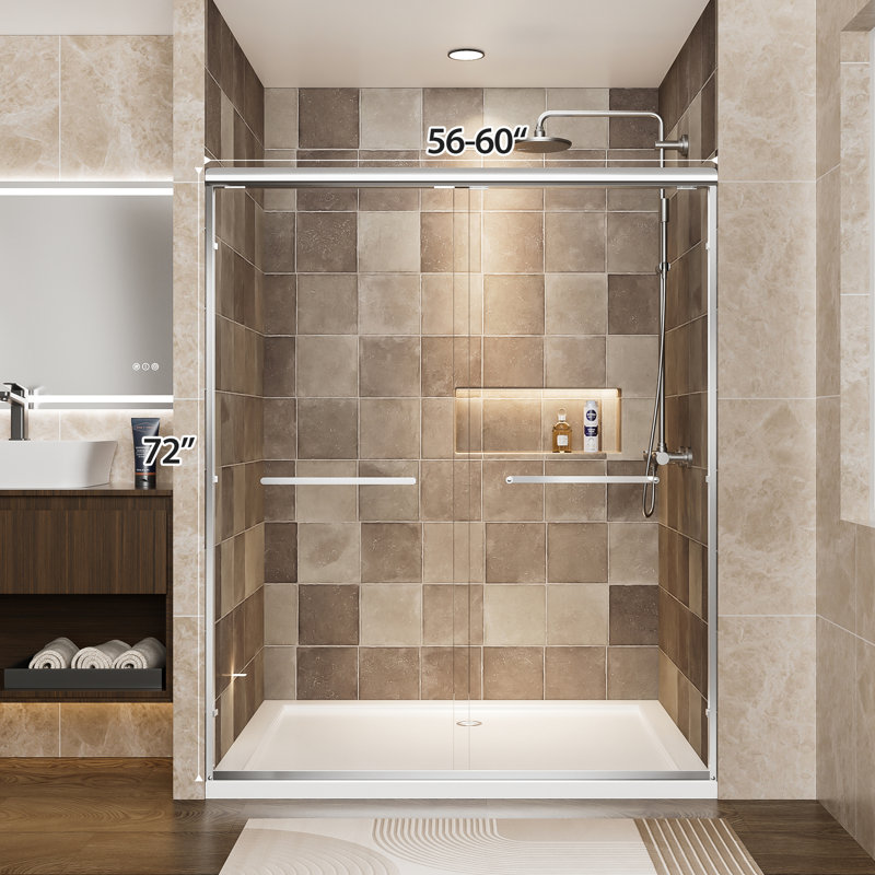 Aluminum Frame Double Sliding Shower Door, 60" Width, 72" Height, 1/4" (6mm) Tempered Glass With - Proof Film, Waterproof Design And Reversible, Bathroom Tall Door 6mm Clear Shatter Corrosion