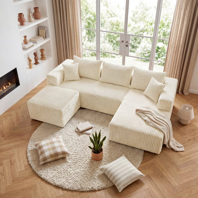 Canapé d'angle en U 3 pièces de 276 cm de large avec 5 coussins, revêtement en flanelle douce et ressorts ensachés, canapé modulable sans assemblage pour salon, beige