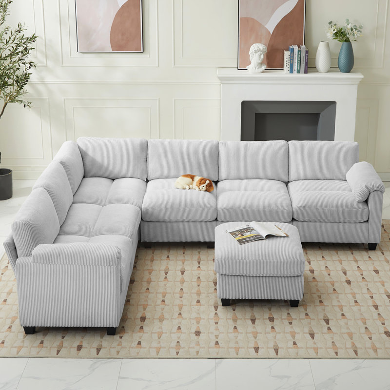 7-Piece Upholstered Corduroy Sectional, Gray