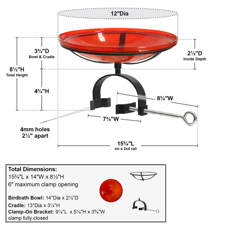 Red Crackle Glass Birdbath with Over Rail Bracket