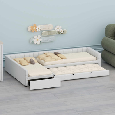 Innovative L-Shaped Upholstered Double Daybed Featuring a Convenient Pull-Out Trundle and Hidden Drawer Storage