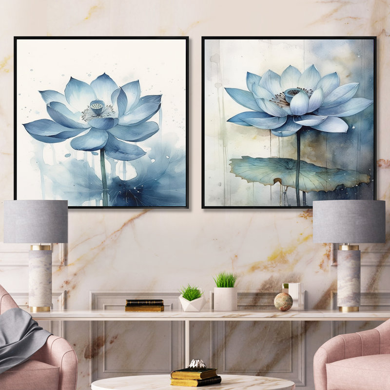 Timeless Lotus Saphire - lot de 2 lotus carrés, Cadre flottant noir, H 16 po x l 33 po