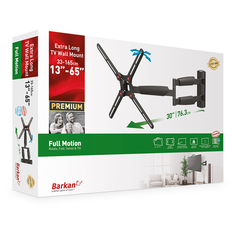 Support mural à bras articulé / extensible noir Barkan pour écrans de plus de 50 po, peut supporter jusqu'à 80 lb.