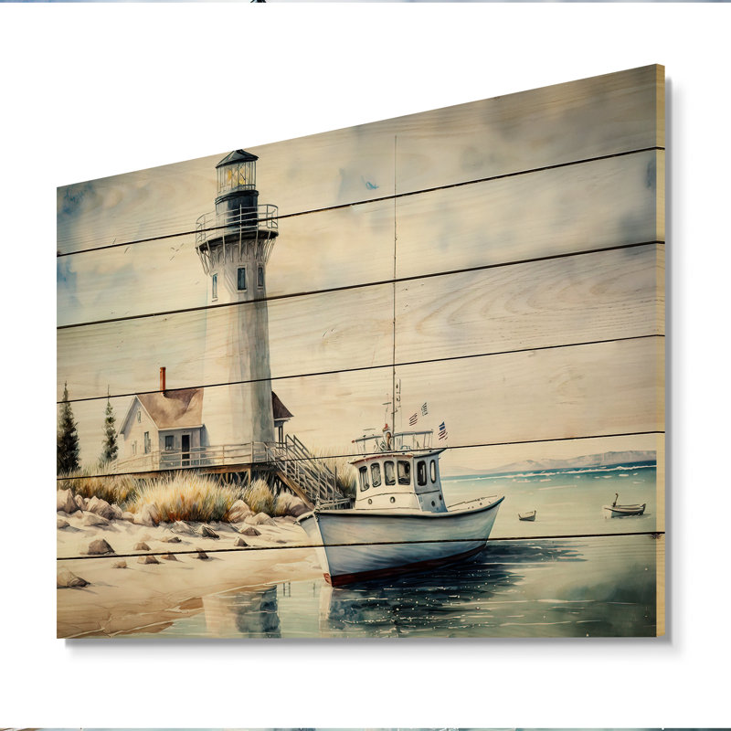 Bateau de pêche et phare I - impression sur bois sans cadre, H 12 po x l 20 po x P 1 po