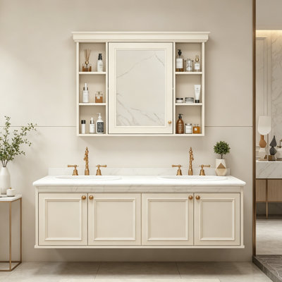 Armoire de rangement murale avec porte miroir et tablettes ouvertes
