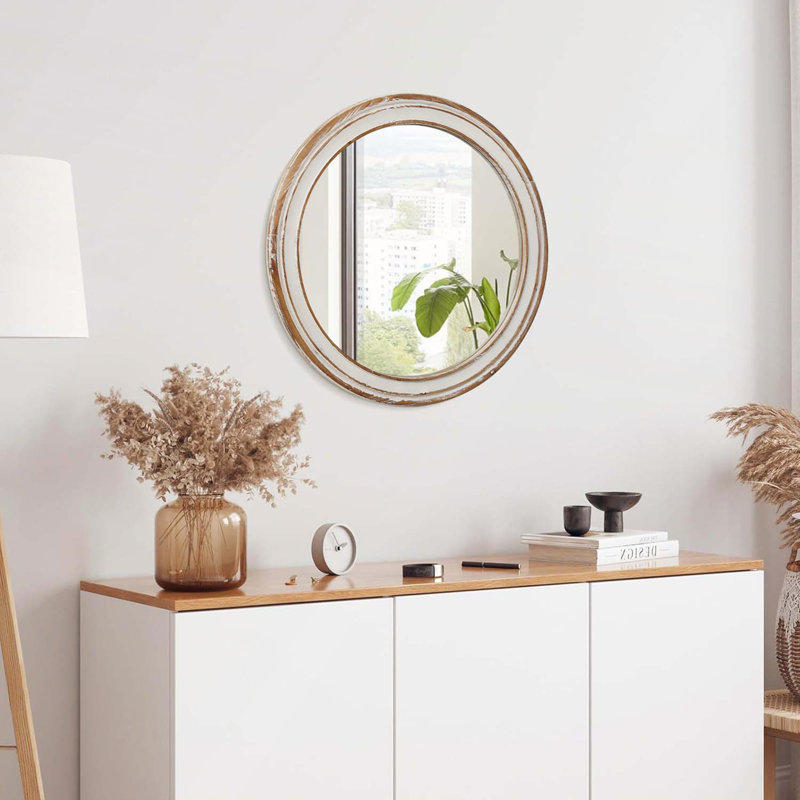 Miroir de ferme 31,5 pouces rond en bois pour salle de bain, chambre à coucher et entrée avec bord délavé, 31,5 po x 31,5 po