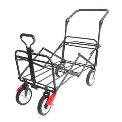 Collapsible Outdoor Utility Cart - Portable Wagon With 360-Degree Rotating Wheels & Drink Holder  Black + Red Folding Strong Back Frame 150-Pound Load Capacity