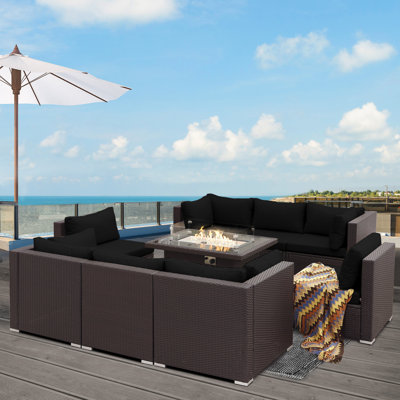 9-Piece PE Wicker Patio Conversation Set with Rectangular Fire Pit Table, Modular Sectional, Dual-Fuel, 60,000 BTU