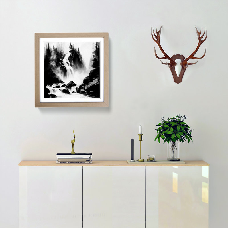Waterfall Ink Wash - Framed Print, Oak