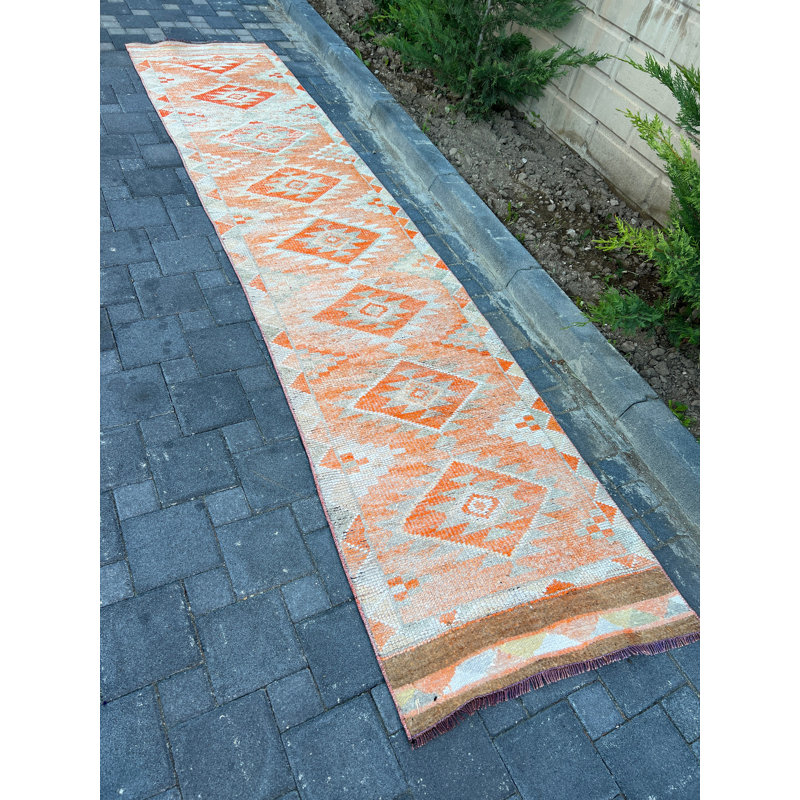 Tapis de couloir en laine à motif géométrique orange 31,5 x 143,7 pouces