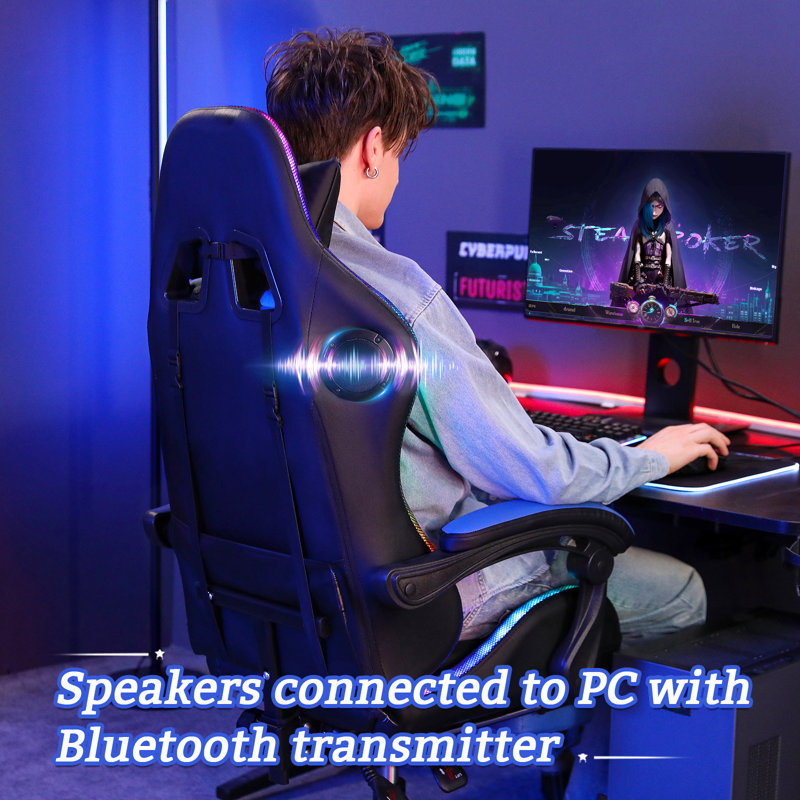 Hoffree Massage Ergonomic Gaming Chair with Bluetooth Speakers and RGB LED Lights, Blue/Black