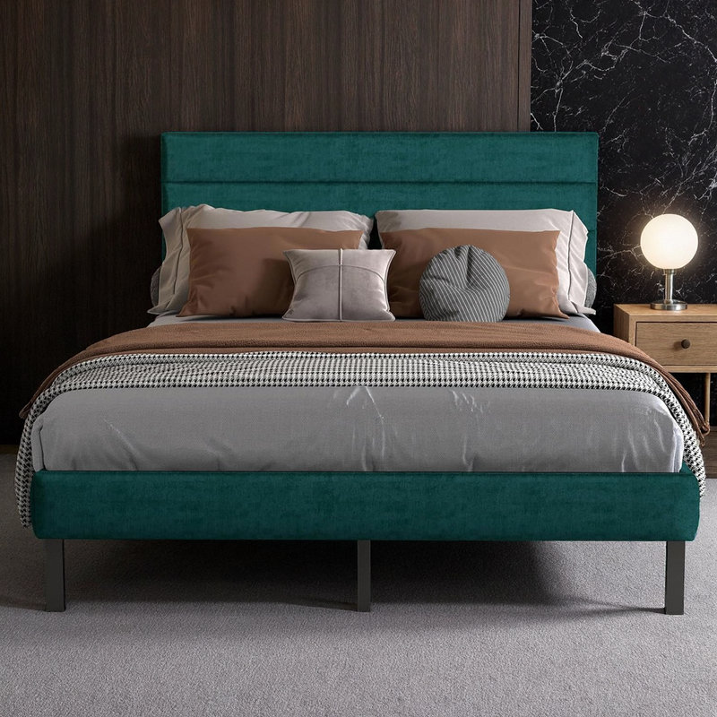 Grand lit plateforme en métal robuste avec rangement 14 po et tête de lit tapissier, Vert