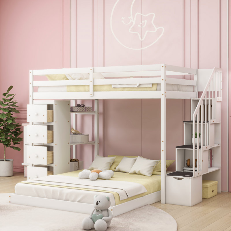 Twin Over Full Bunk Bed With 3-Layer Shelves, Drawers And Storage Stairs, White, White