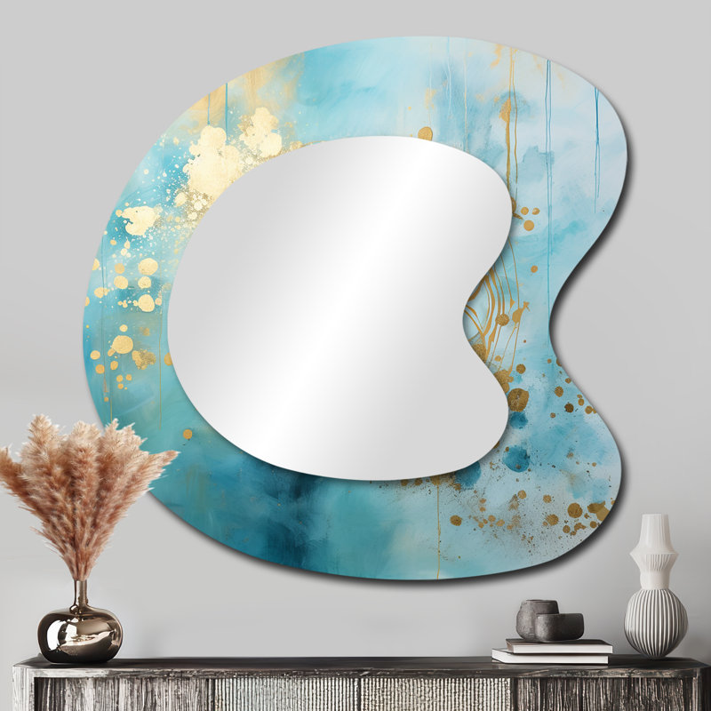 Divine Mandala Delicate Gold Gentle Turquoise IV - Boho Mandala Asymmetrical Decorative Mirror, Gold Unique Shape Wall Mirror, Printed Metal Art