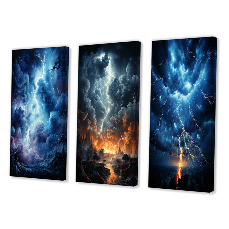 «Lightning Electric Symphony», 3 pièces sur toile, H 28 po x l 36 po, Toile tendue