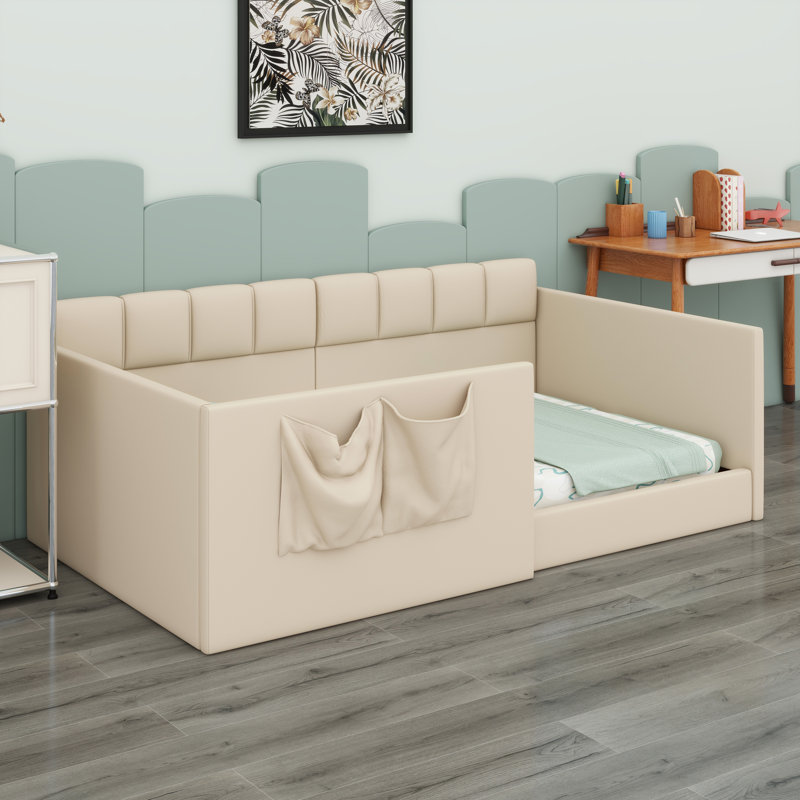 Lit de jour moderne avec panneaux latéraux hauts, entrée latérale et poches de rangement intégrées, Beige