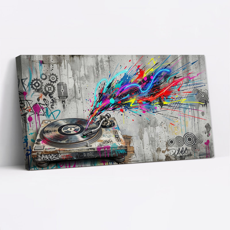 " Graffiti DJ Turntable With Neon Sound Waves " Painting Print, L 46 po x H 24 po