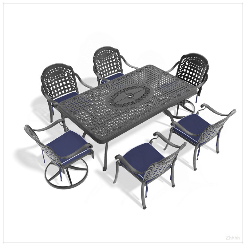Ensemble de salle à manger 7 pièces en fonte d'aluminium toutes saisons comprenant 2 chaises pivotantes, 4 chaises et une table rectangulaire avec cadre noir