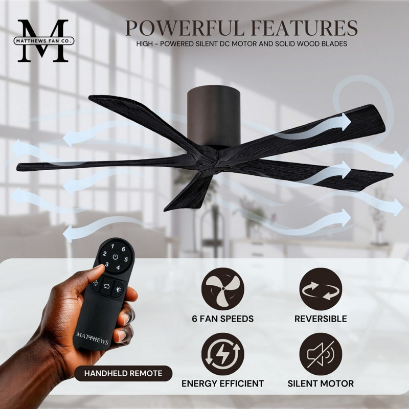 60" Irene 5-Blade Hugger Ceiling Fan with Wall Remote, Matte Black, Textured Bronze, 52"