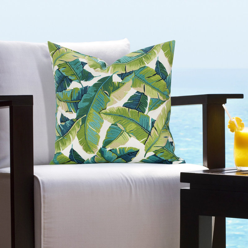 Floral Outdoor Throw Pillow, 16" H x 16" W, Green/Blue/Beige