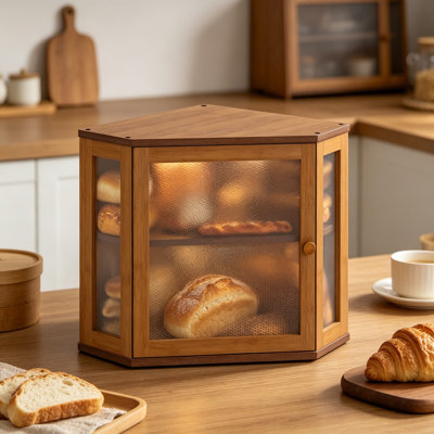Large Bamboo Corner Bread Box for Kitchen Countertop, Double Layer Storage Bin for Homemade Bread, Pastries, and Snacks with Acrylic Translucent Window