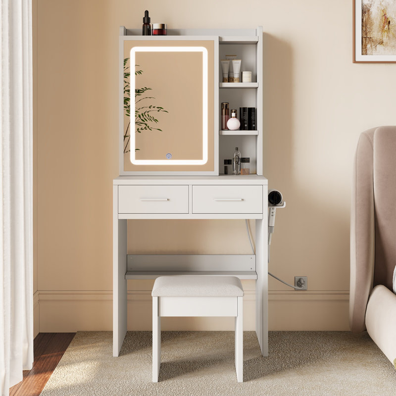 Bureau de coiffeuse avec miroir éclairé et prises de courant, ensemble de coiffeuse de maquillage blanc avec fauteuil, 3 modes d'éclairage couleur, 2 tiroirs et tablettes de rangement pour la chambre à coucher