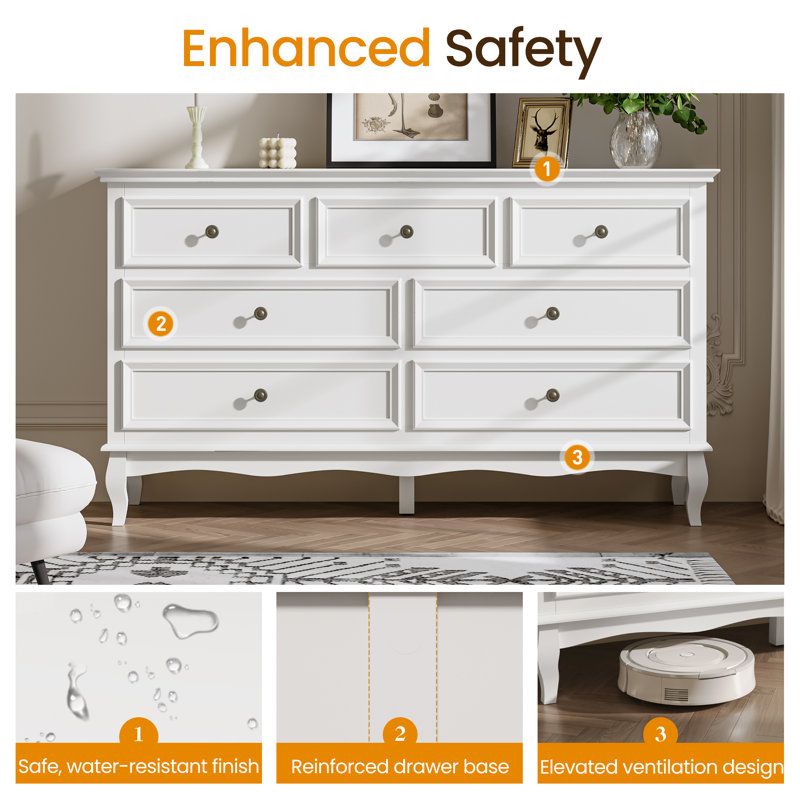 Ensemble de commode 3 pièces avec commode 7 tiroirs et 2 commodes 3 tiroirs, blanc, White