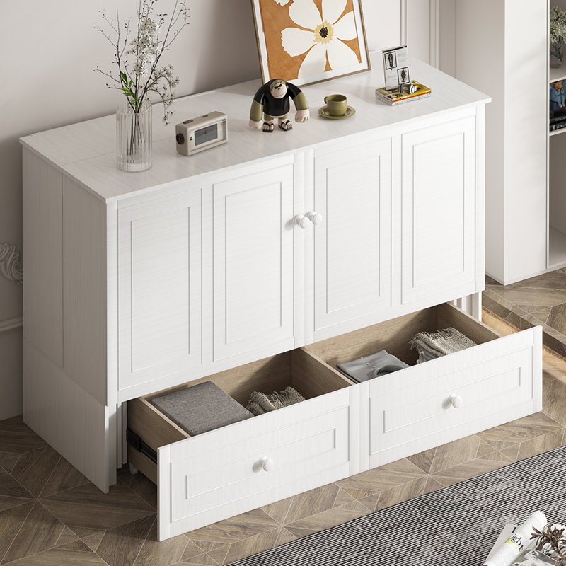 Multifunctional Murphy Bed Cabinet with USB Charging Station & Drawers – Queen Size Cabinet Bed with Tri-Folding Mattress for Apartments and Living Rooms