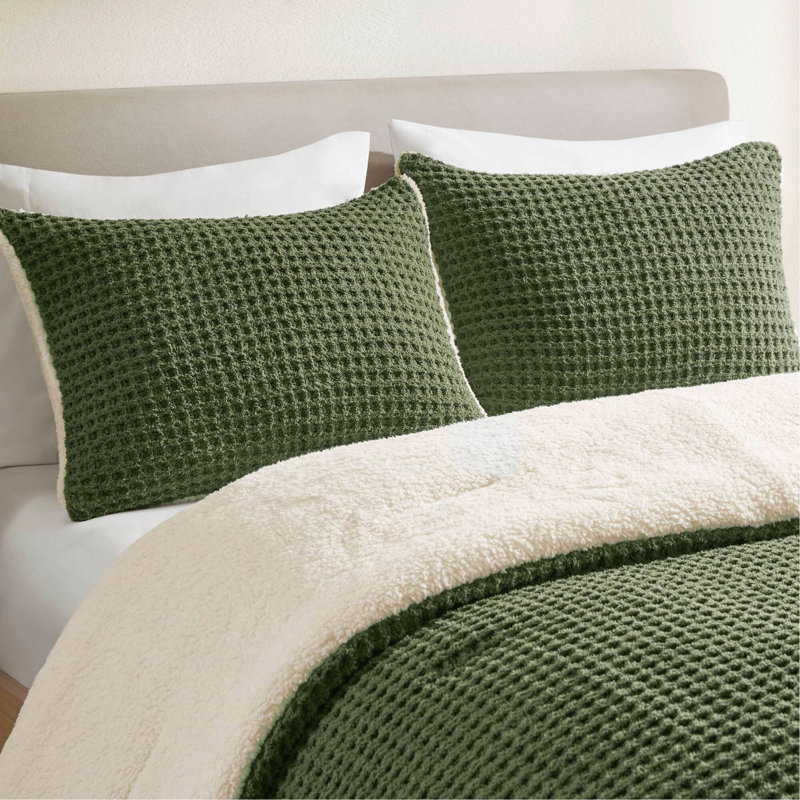 3 Pieces Waffle Knit Chenille Comforter Set,Olive, King Comforter + 2 Shams