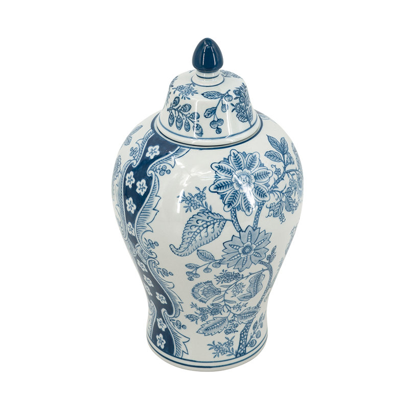 Porcelain Lidded Jar - Blue/White, 12.6" H x 7.1" W x 7.1" D