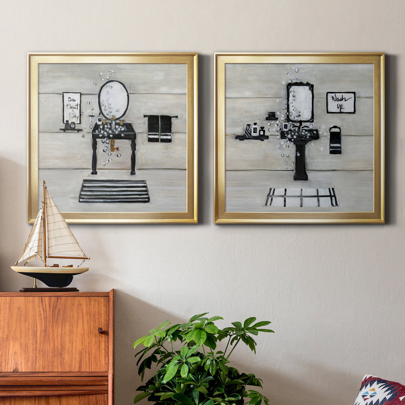 Neat and Tidy Bath - Ensemble de 2 peintures sur toile encadrées, H 17,5 po x l 35 po x P 1,5 po, Or