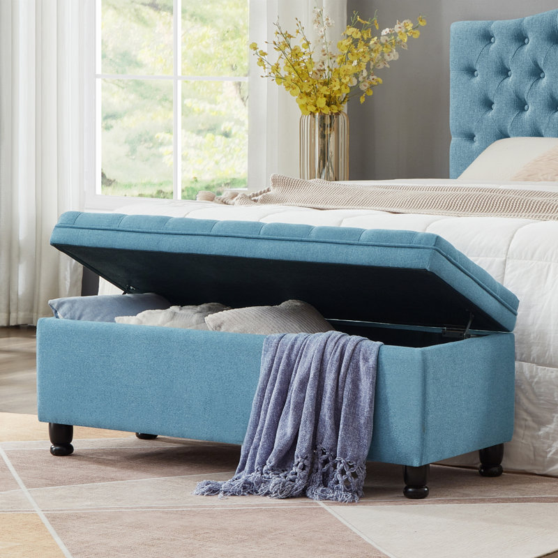 Banc de rangement rembourré capitonné, Bleu clair