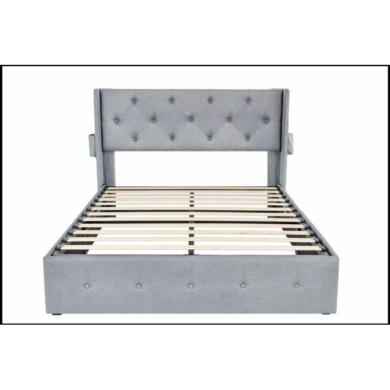 Base de lit plateforme avec rangement à gaz, ports USB et tête de lit à oreilles capitonnée pour les chambres à coucher modernes