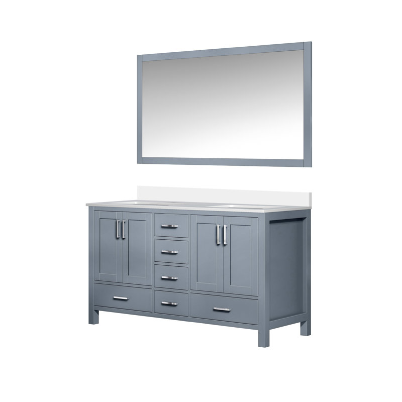 Meuble-lavabo moderne double avec comptoir en quartz et miroir, Gris foncé