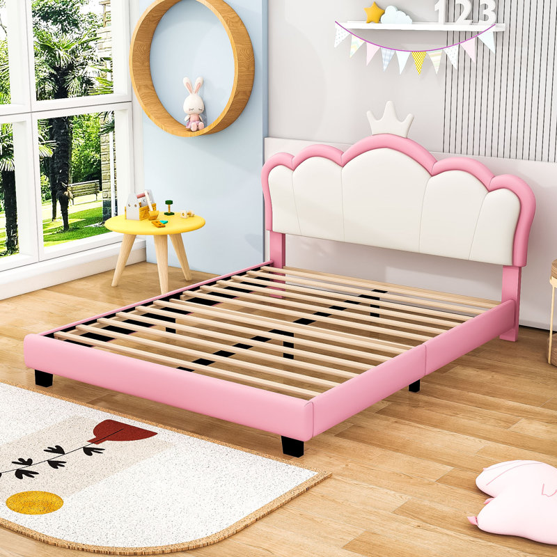 Lit plateforme tapissier Zenovea avec tête de lit couronne, Double, White