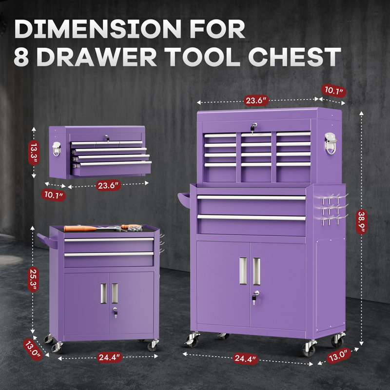 8 Drawers Rolling , 2-in-1 Detachable Metal Tool Cabinet with Lockable Wheels, Purple