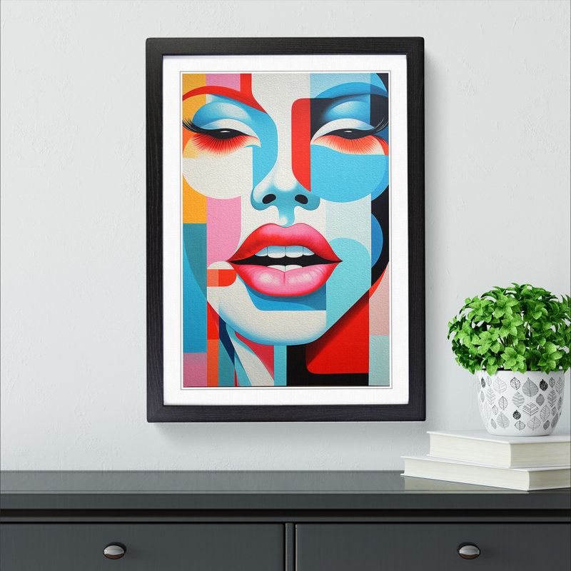 Lips Mouth Constructivism - Single Picture Frame Print on Wood, 64cm H x 46cm W x 2cm D, Black