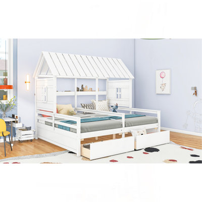 Twin Size House Platform Beds With Two Drawers For Boy And Girl Shared Beds