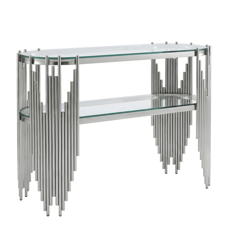 Console argentée de luxe avec étagères en verre trempé à 2 niveaux, Clear / Silver, Clear, Argent