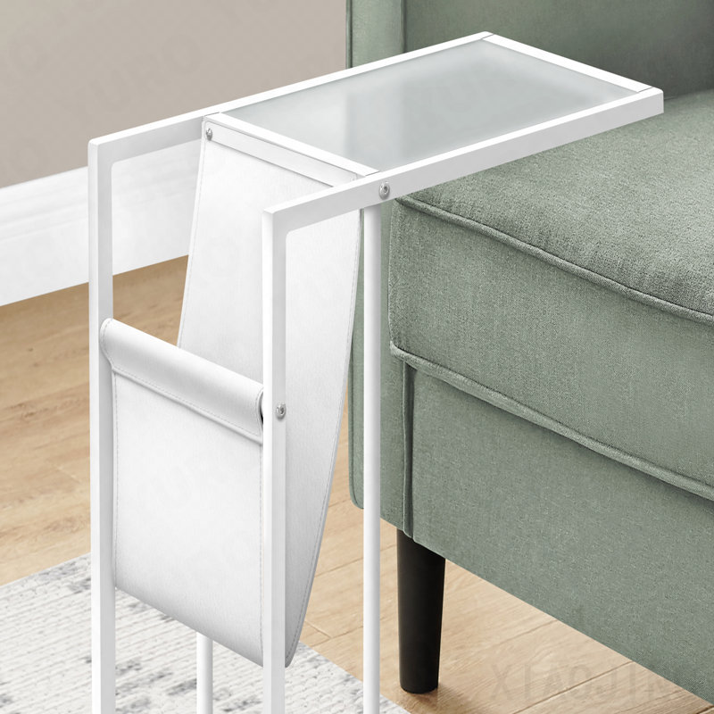 Table-collation en forme de C en similicuir blanc avec rangement pour magazines