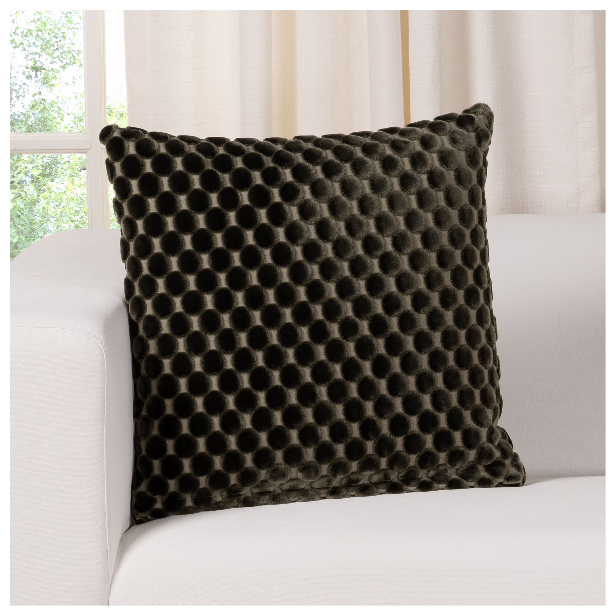 Nirvan Velvet Dot Throw Pillow, Green, Square 20", Feather