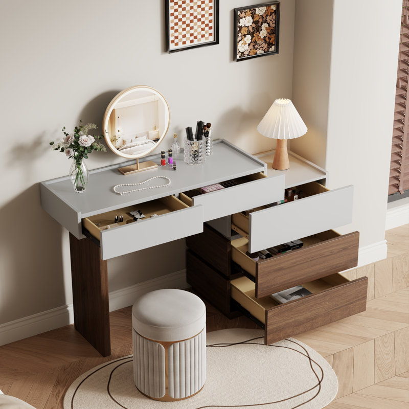 39" Mid Century Makeup Vanities With 5 Drawers, Gray & Brown Solid Wood for Bathroom, Not Assembled Need