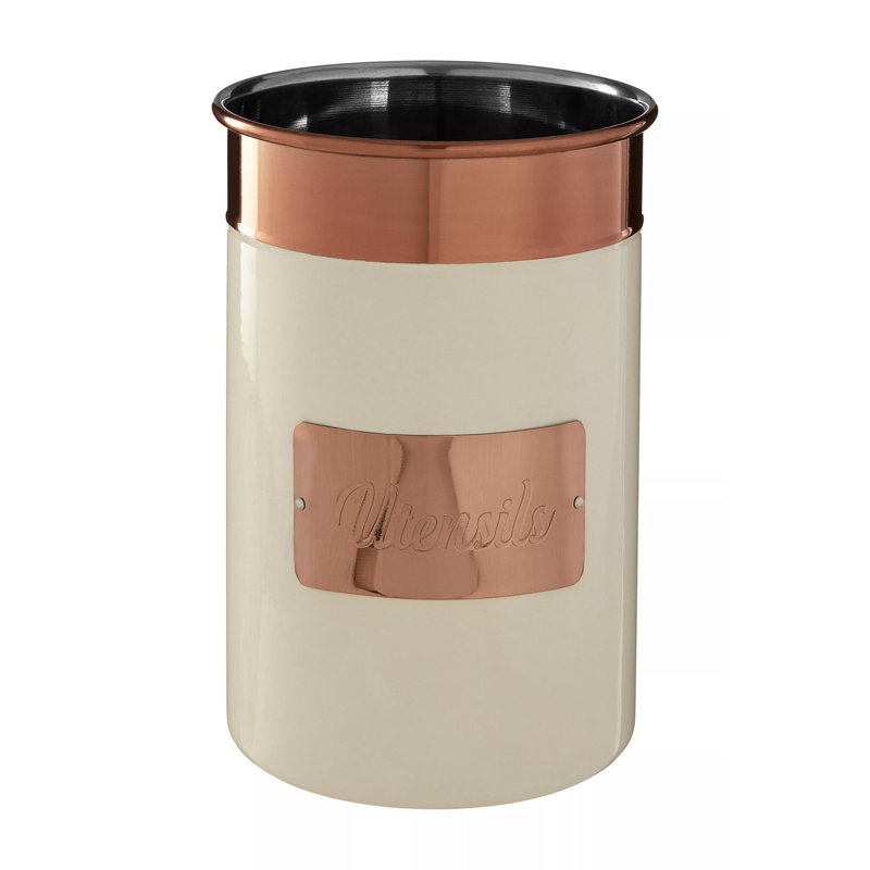 Metal Round Utensil Crock, Cream/Copper