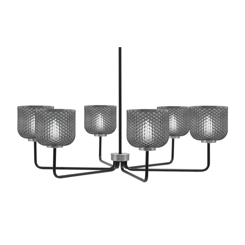 Lustre 6 lumières Amarmula, noir mat et finition graphite, verre texturé fumée 6 po, Transparent/noir, Noir / nickel