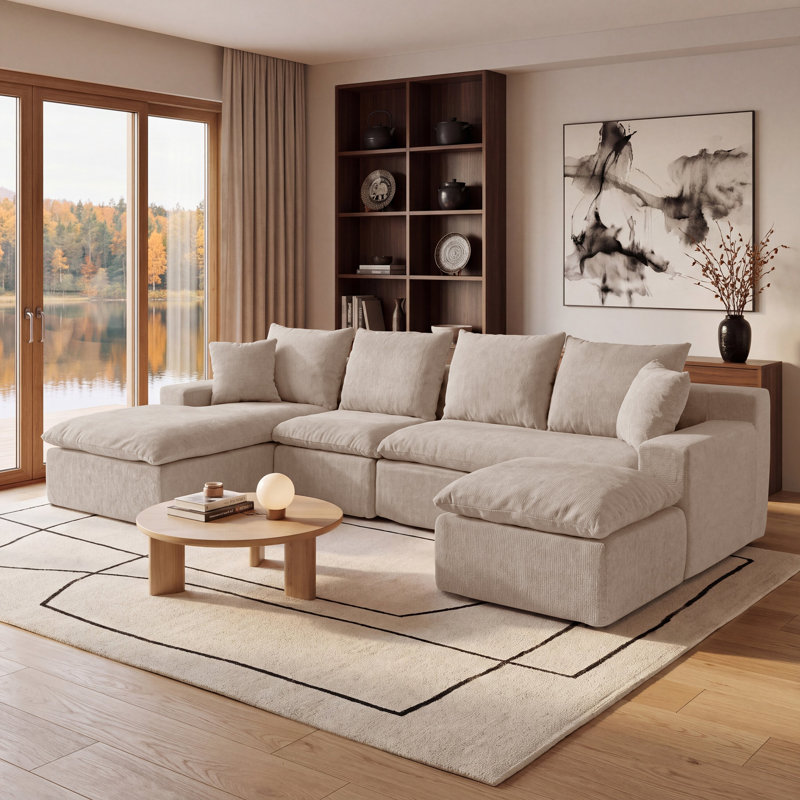 Canapé modulaire en U 118,1 po, canapé modulaire en chenille avec ressorts ensachés, sièges rembourrés à assise profonde modernes pour le salon, pas de rouleau de montage