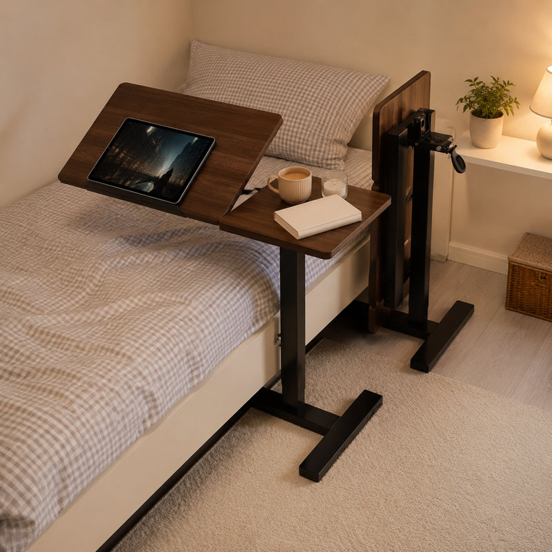 Table de lit réglable réglable avec plateau de table double divisé, finition en bois de noyer pour la chambre à coucher
