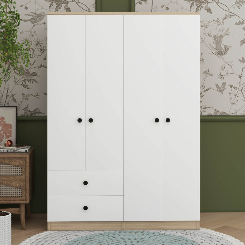 Garde-robe 4 portes avec tiroirs, tablette et tringle