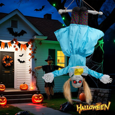Décorations d'Halloween effrayantes de 100 cm pour l'extérieur : poupée suspendue se balançant aux bras agités, effets sonores terrifiants et yeux rouges brillants. Parfait décor pour le jardin, le porche et l'intérieur.