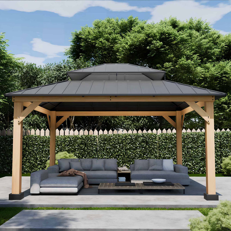 Cedar Wood Gazebo 11' X 13' Hardtop Galvanized Steel Roof With Curtain Netting