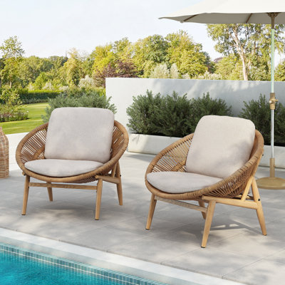 Chaise longue d'extérieur en osier brun pâle avec coussin beige, ensemble de 2